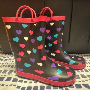 Toddler Heart Rain Boots Black Pink Waterproof Rubber Shoes Size 3